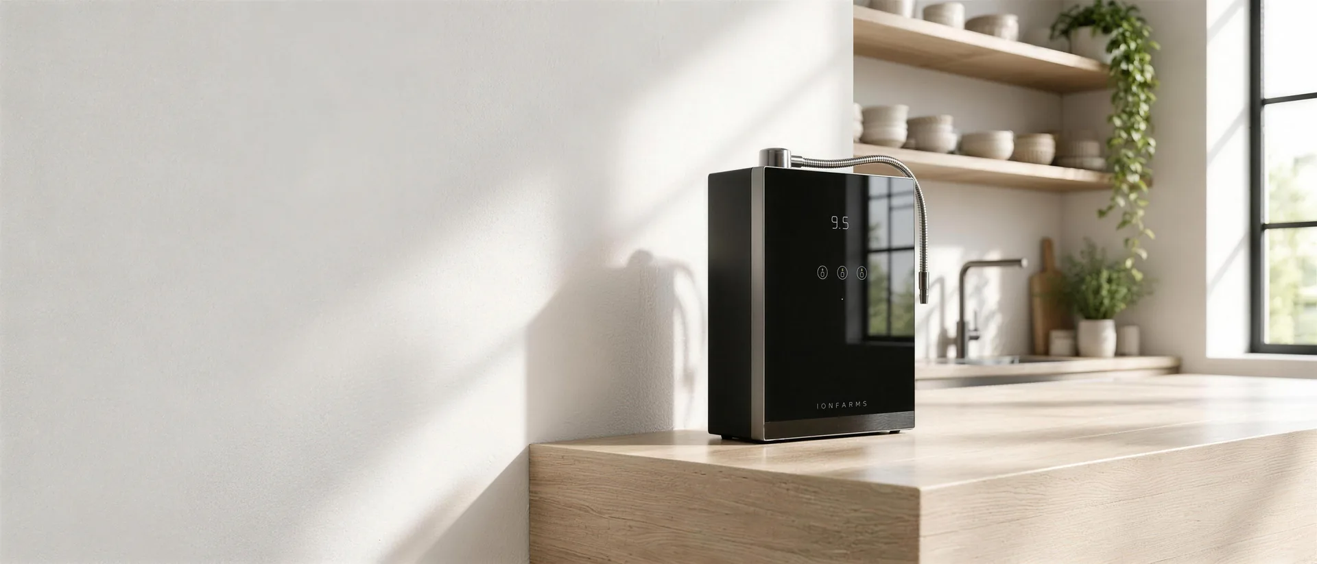 Alpha 1700 black water ionizer on a light oak kitchen counter, pH readout on screen