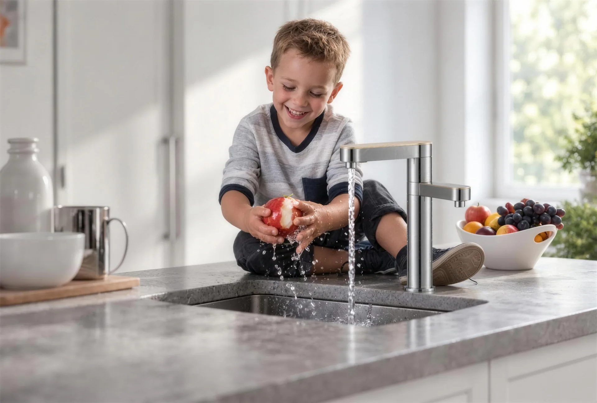 Alpha U1700 under-sink faucet in a bright kitchen, child rinsing an apple